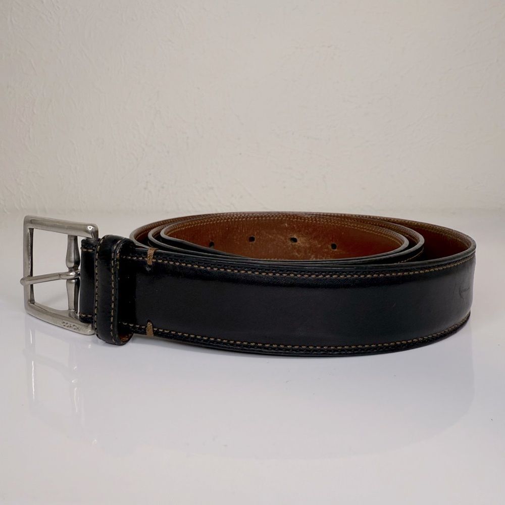 Coach Men’s Black Leather Belt, Solid Brass Silver Buckle, Calfskin Sz 42 - Picture 2 of 6